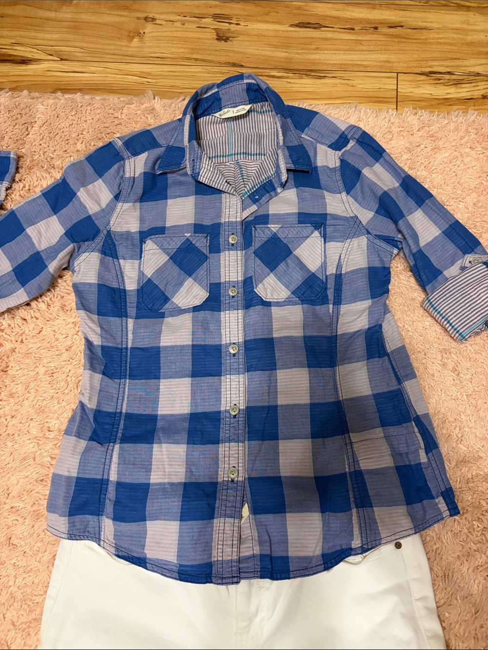 Woolrich Button down Long Roll-tab Sleeve Blue Lavendar plaid contrast stripe S